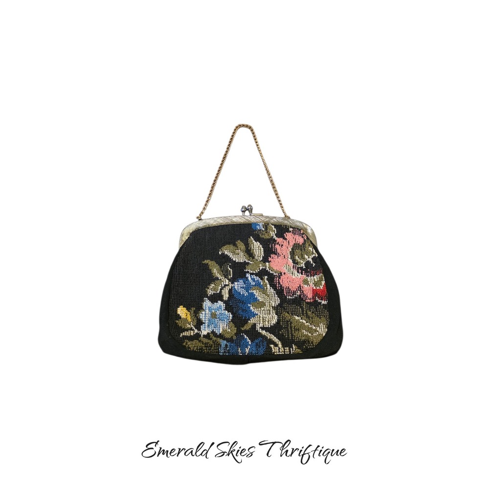 Vintage needlepoint tapestry purse evening bag floral